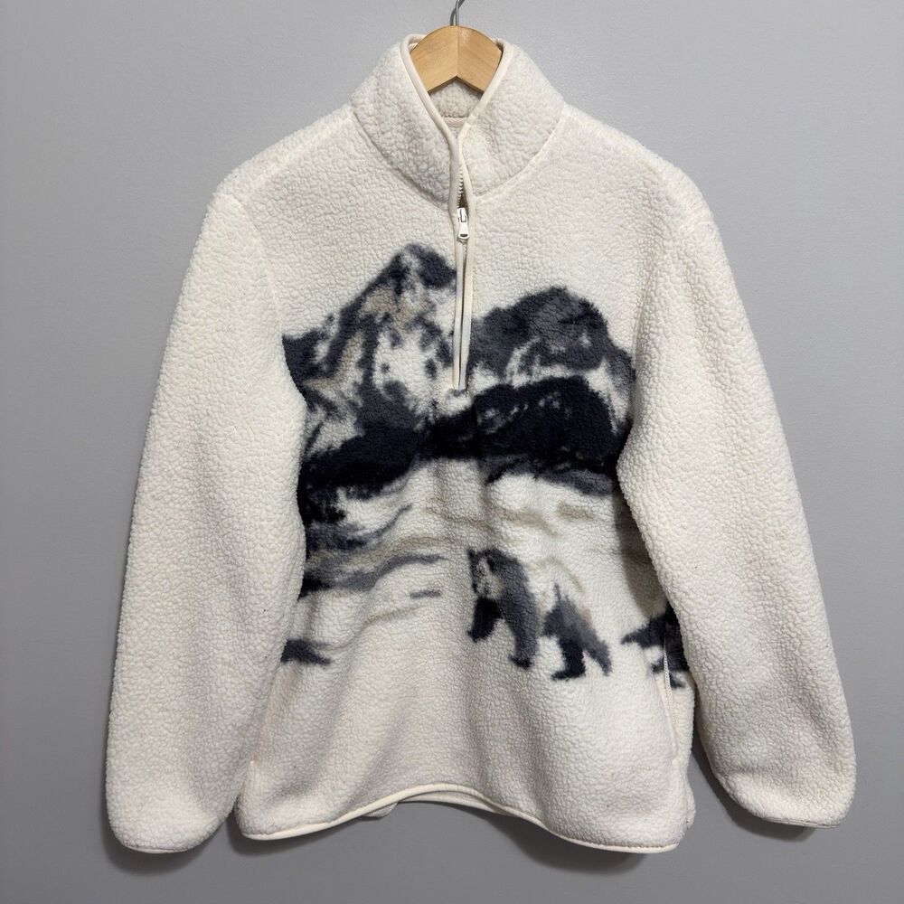 Old Navy Mens M Polar Bear Mountain Graphic Sherpa Fleece Quarter Zip Cream AOP
